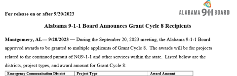 Grant Cycle 8 Press Release - Alabama 9-1-1 Board